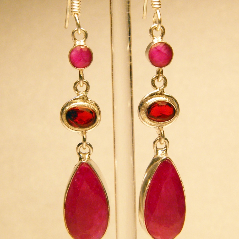Three Stone Sterling Silver Ruby and Garnet Dangle